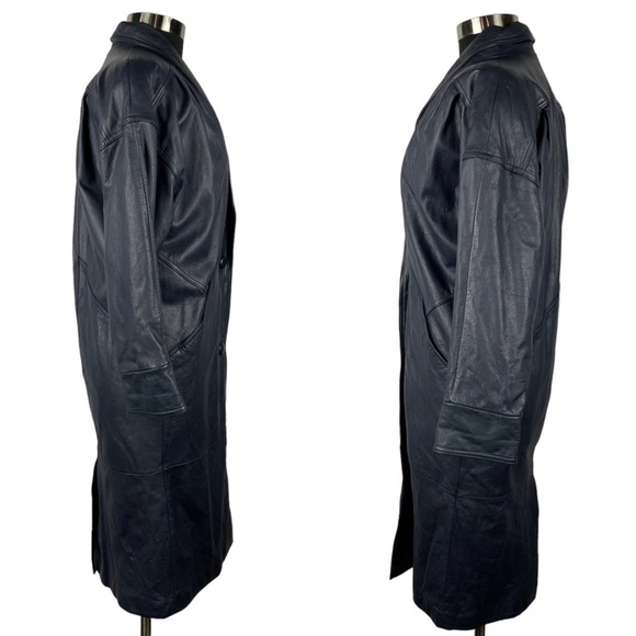 VINTAGE JACQUELINE FERRAR LEATHER NAVY BLUE OVERSIZED DROP SLEEVE 90S 80S JACKET - Picture 6 of 16